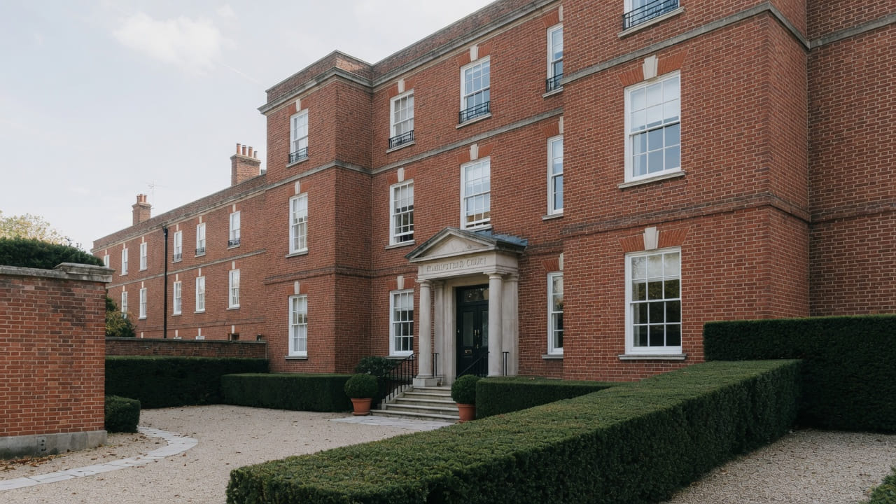 Edwardian red-brick mansion block with a quiet garden court near the Hampstead office