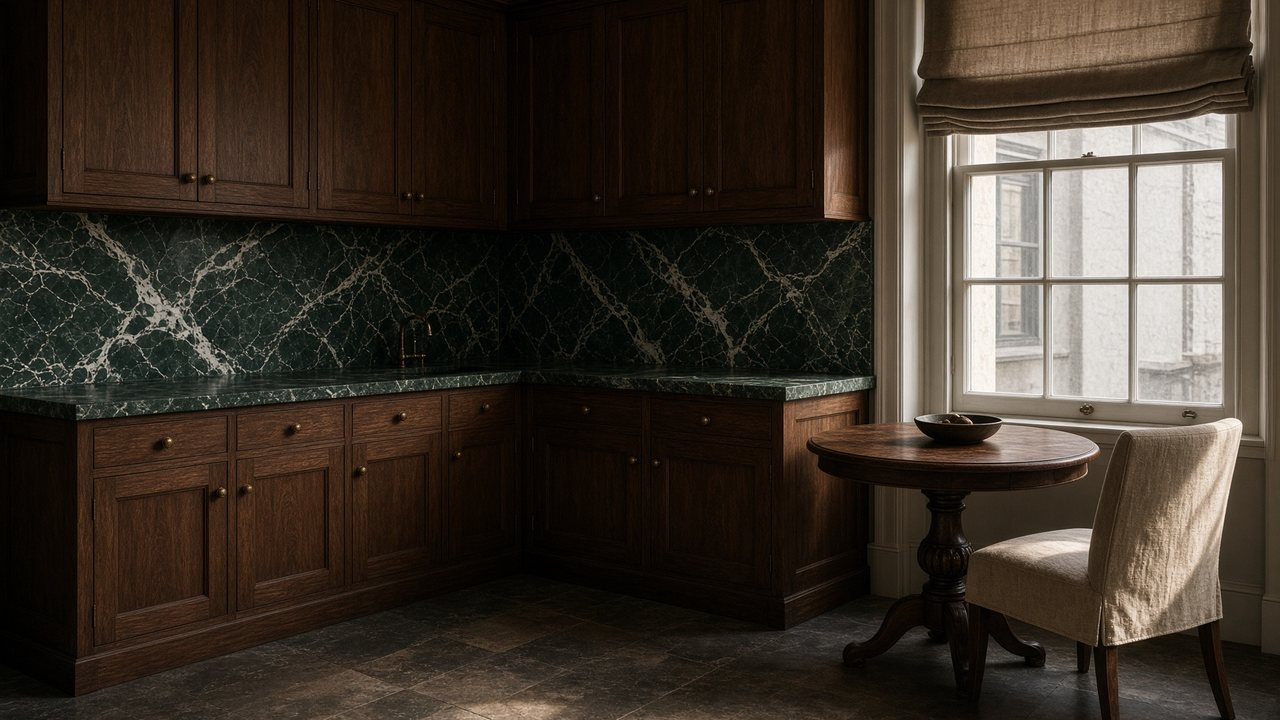 A compact mansion-flat kitchen — walnut cabinets, green marble and a breakfast table