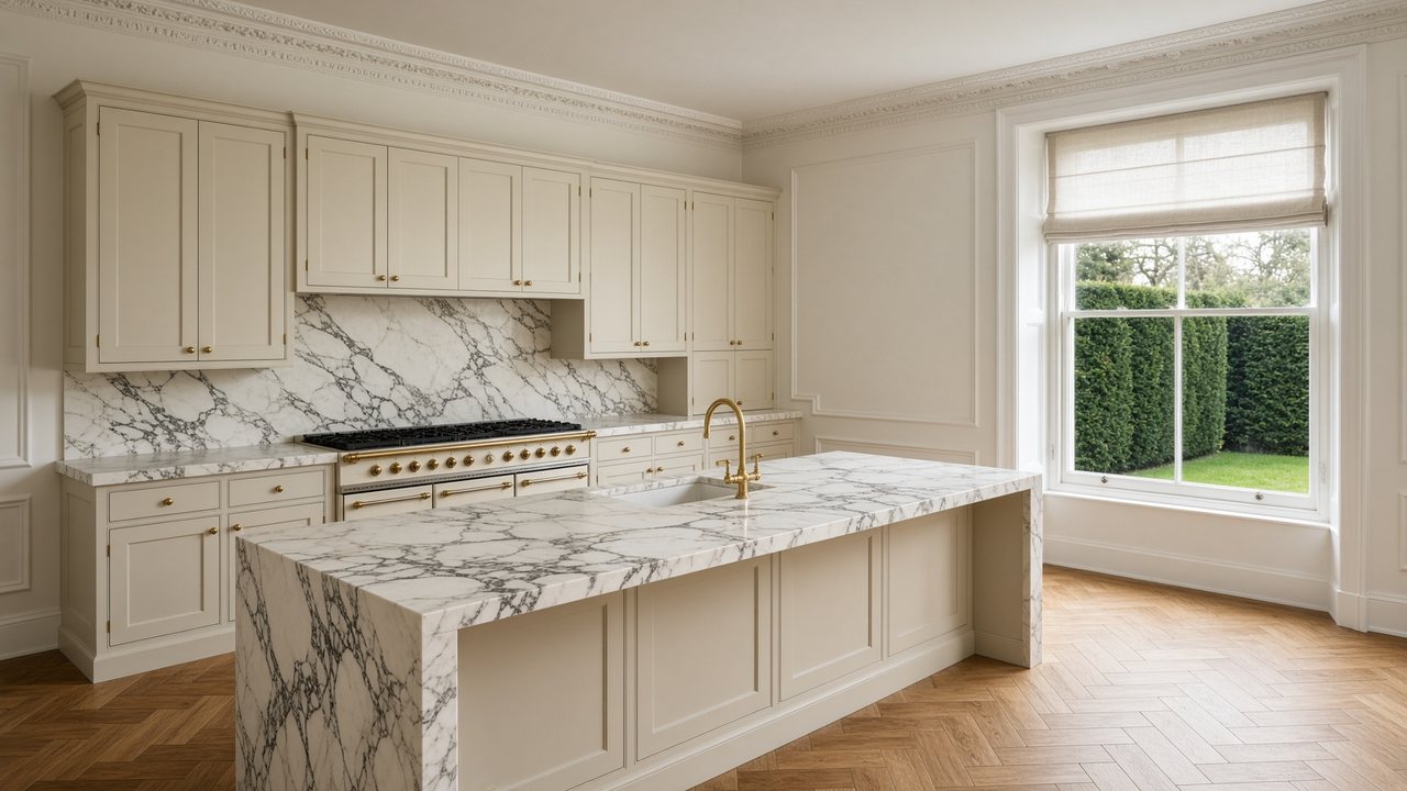 A principal kitchen in a Hampstead villa — ivory cabinets, a Calacatta marble island and brass