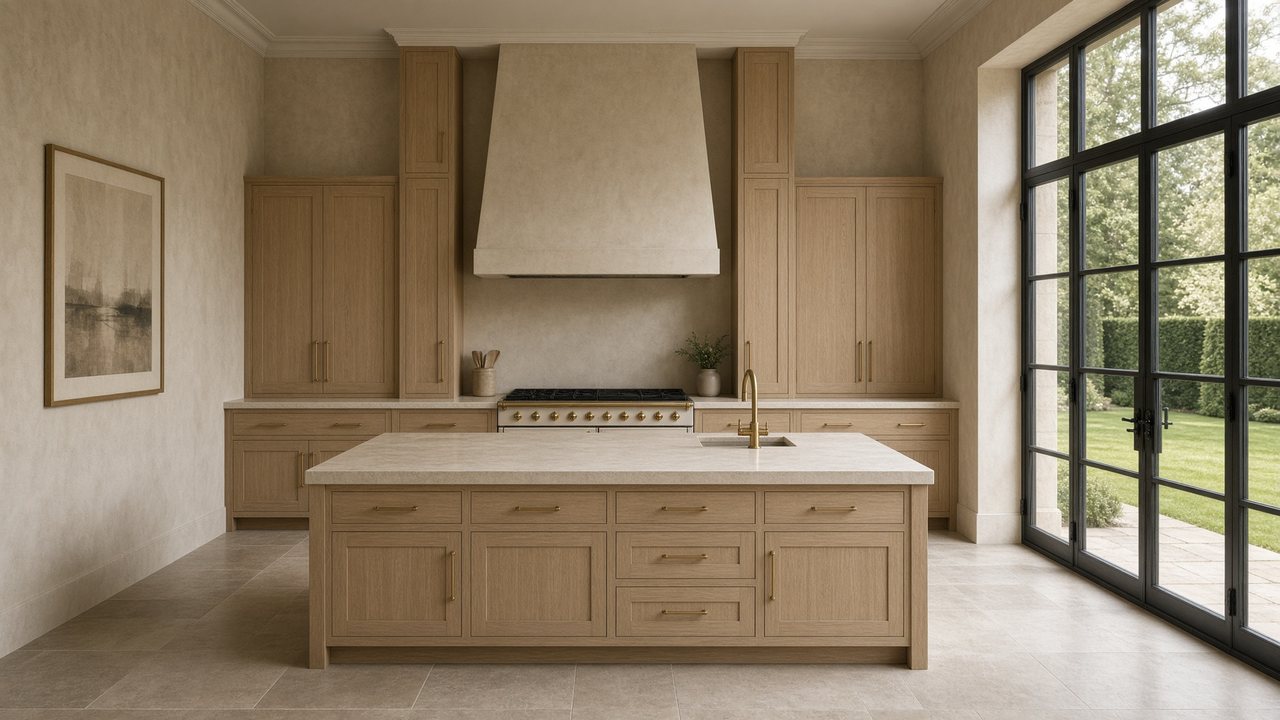 A formal oak kitchen with a limestone island, a plaster hood and steel doors to the garden