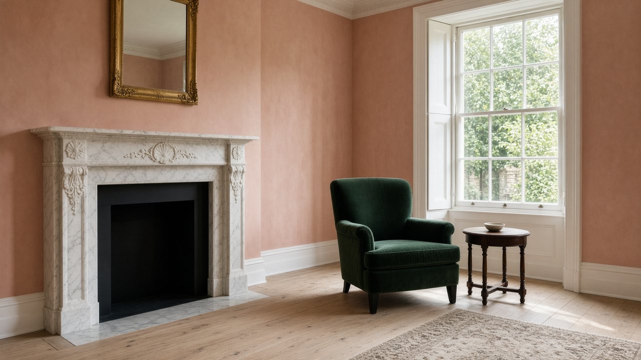 A decorated drawing room — warm plaster walls, a carved marble chimneypiece and a green velvet chair